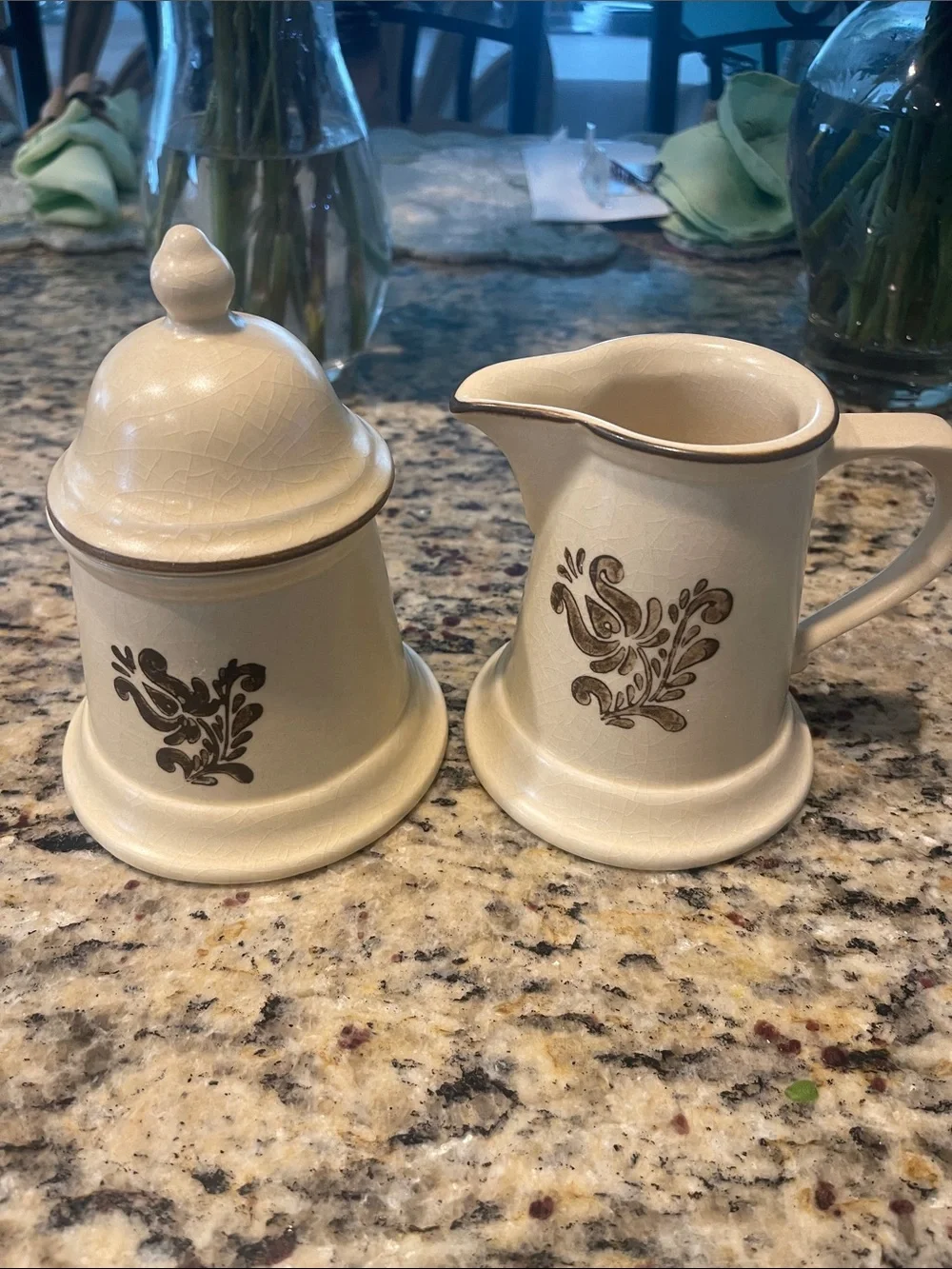 Vintage Pfaltzgraff Village Sugar Bowl With Lid & Creamer Yellow Brown Stoneware